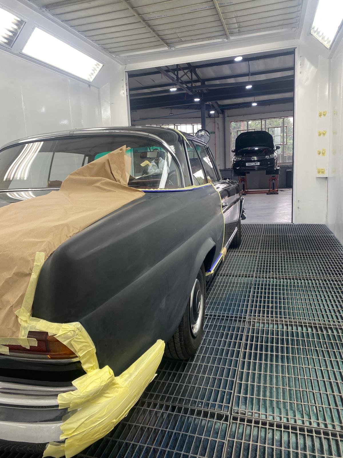 Classic Mercedes undergoing bodywork preparation